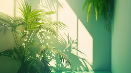 Sunlight creates shadows of indoor plants on the wall