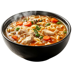 A Hearty Chicken Noodle Soup with Steam Rising Isolated on Transparent Background