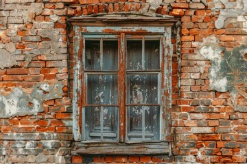 Red brick wall with old wooden window in russian city. Detailed photo textured background