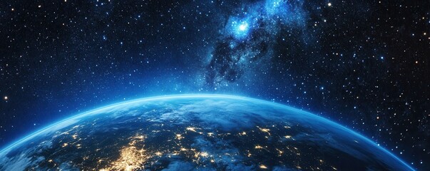 Obraz premium A breathtaking starry night sky showcases countless twinkling stars, with a stunning view of Earth illuminated below and a vibrant galaxy swirling in the distance, creating a cosmic spectacle.