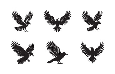 Obraz premium Crow bird black soild silhouette bundle isolated on white background, clip art logo icon set