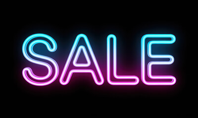 Vibrant neon sign with bright blue and pink hues announcing a sale in the dark