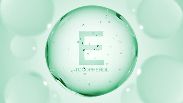 Drop water serum with vitamin E or Tocopherol. Vitamins complex with molecule atom. Nutrition skin care cosmetics concept