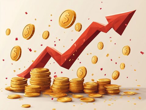 Aufw&auml;rtsgerichteter Pfeil mit schwebenden Goldm&uuml;nzen: Eine stilisierte Vektorillustration