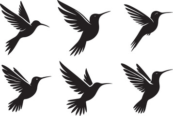 Hummingbird black solid silhouette bundle isolated on white background, bird clip art logo icon set