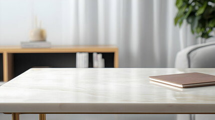 Modern Minimalist Living Room Interior With Empty White Marble Table Gold Legs Wooden Furniture Decor And Blurred Background