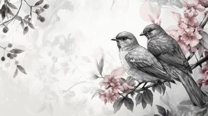 Delicate birds perched on blossoming branches