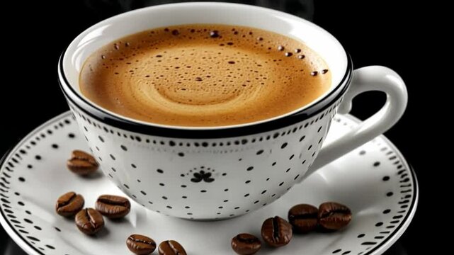 Morning Ritual: A pristine cup of coffee with roasted coffee beans and saucer against a black backdrop. Capturing the rich, warm tones and inviting aroma.