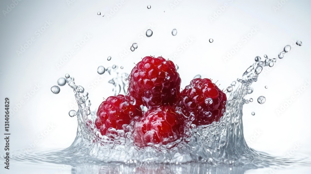 Poster four bright red raspberries splashing up water in a display