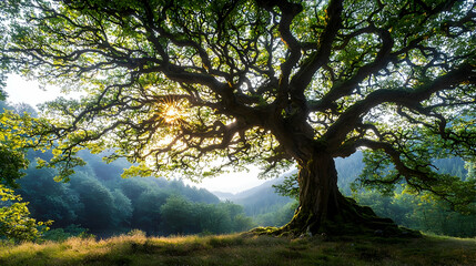 Obraz premium Majestic Green Tree At Sunrise Overlooking A Lush Green Valley Landscape