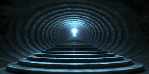 Fototapeta premium A vibrant spiral staircase leading to a glowing bulb, representing the journey of creative virtual brainstorming.