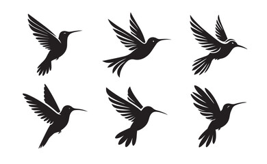 Obraz premium Hummingbird black solid silhouette bundle isolated on white background, bird clip art logo icon set