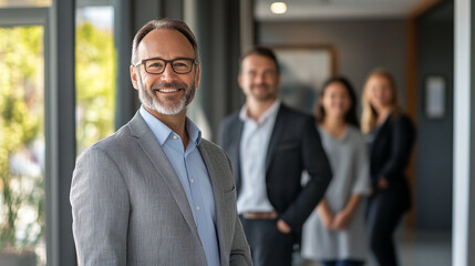 Confident businessman smiling portrait with colleagues in office team grey suit happy leader career
