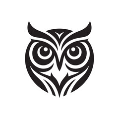 Owl bird face black solid silhouette isolated on white background, clip art logo icon
