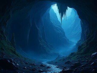 Dark mysterious cave with blue light, natural cave entrance with rocky walls, underground cavern landscape, eerie cave exploration background