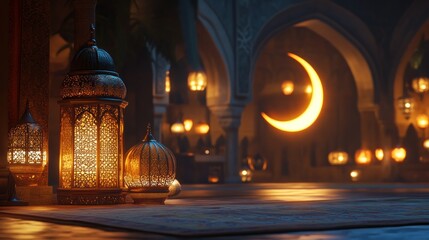 Evening scene featuring ornate lanterns and a glowing crescent moon