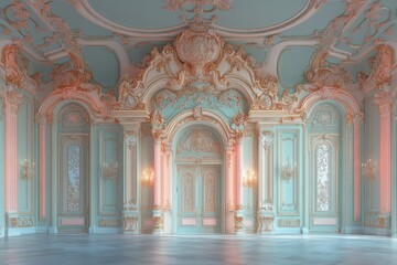 Elegant Pastel Ballroom Interior, Gilded Rococo Decor, Luxurious Palace Room