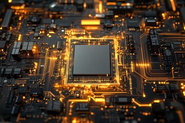 Fototapeta premium Illuminated Computer Chip Close-up with Intricate Circuit Board Details