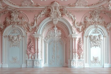 Fototapeta premium Elegant Pastel Pink Palace Interior with Ornate Moldings and Crystal Chandelier