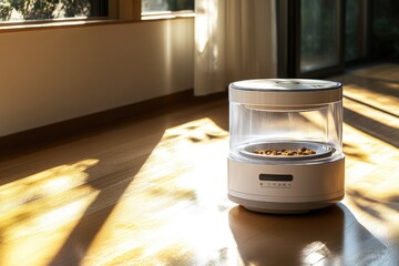 Automatic Pet Feeder in Sunlit Room, Modern Pet Care Device