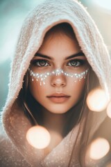 Obraz premium Mysterious woman with tribal face paint and silver hair in pastel pink cloak