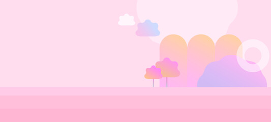 Trendy modern bright background with figures and trees. Horizontal template for presentations with gradients.	