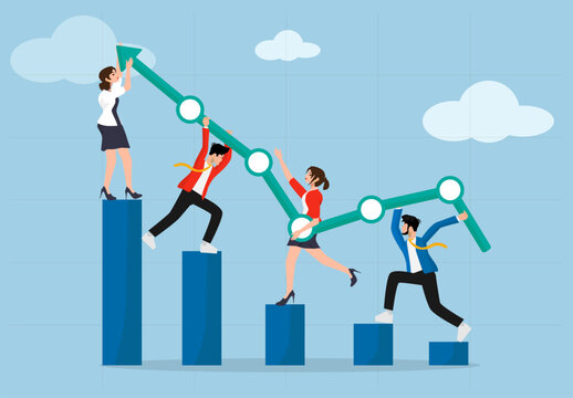 Growth chart diagram, financial chart of teamwork boosting profit growth. successful investment progress vector illustration.