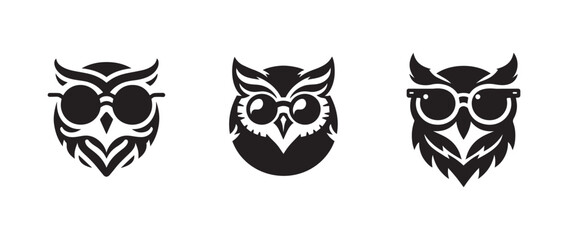 Owl wearing sunglass, black solid silhouette bundle isolated on white background, clip art logo icon set