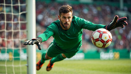 Goalkeeper diving to catch soccer ball during championship match