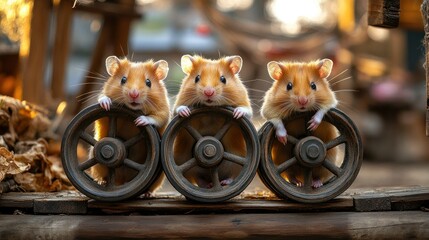 Three hamsters, posing with vintage-style wheels
