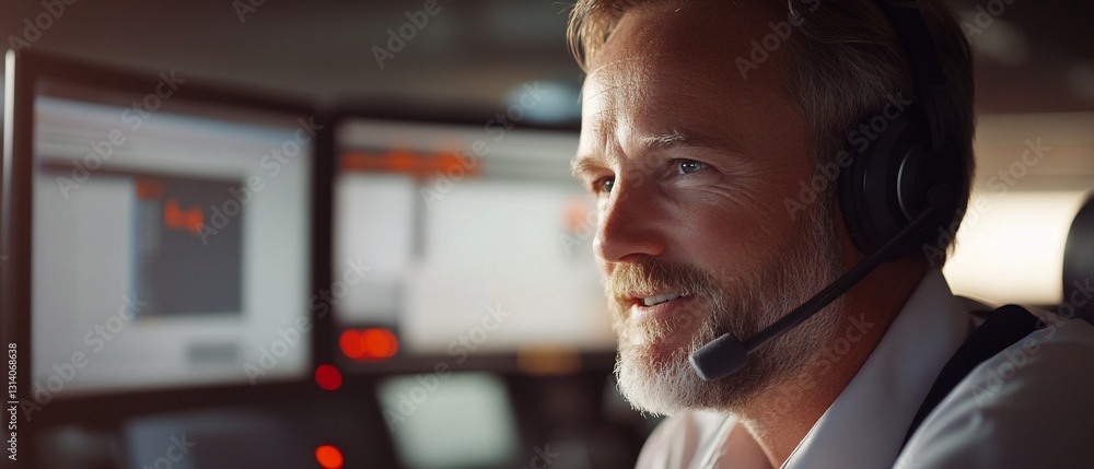 Poster man speaks on headset in office environment with two monitor displays