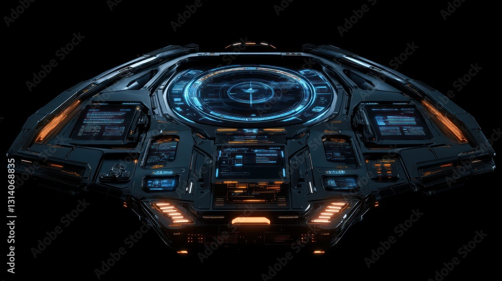 Poster futuristic spaceship control panel showcasing digital displays and detailed design elements