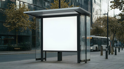 Blank White Billboard At A Modern City Bus Stop With Glass Shelter A Bus In Background And Empty Street During Daytime