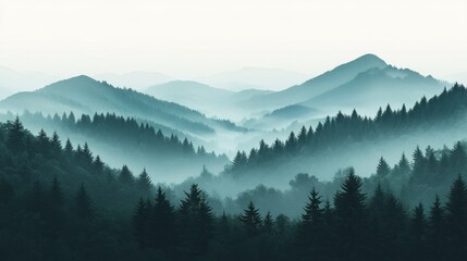 Layers of forested mountain ranges obscured by atmospheric fog
