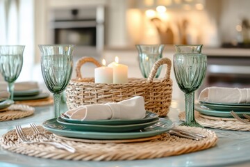 Elegant Table Setting with Green Glassware and Wicker Basket
