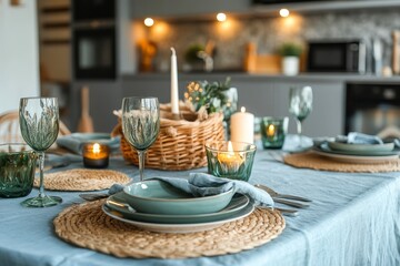 Elegant Teal Glassware and Woven Placemats on a Blue Tablecloth with Candles