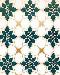 Intricate geometric pattern featuring green and gold stars on a light background, perfect for design use