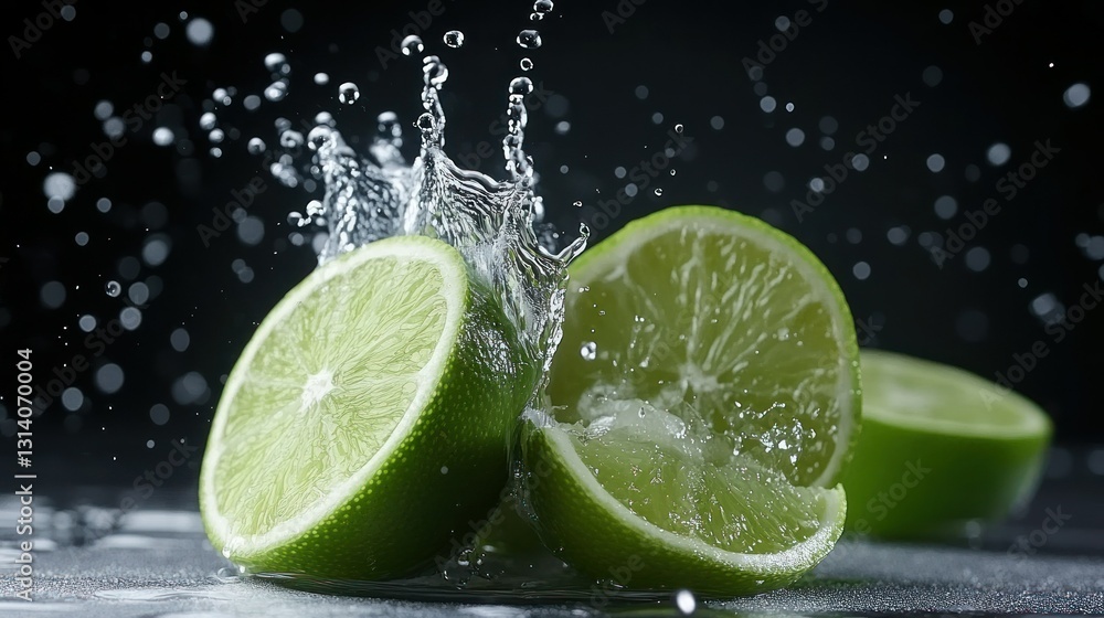 Poster limes being splashed with water create refreshing liquid droplets