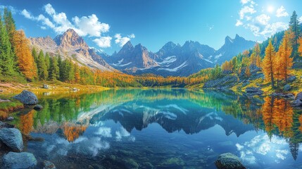 Obraz premium Autumn alpine lake reflecting mountains and colorful forest
