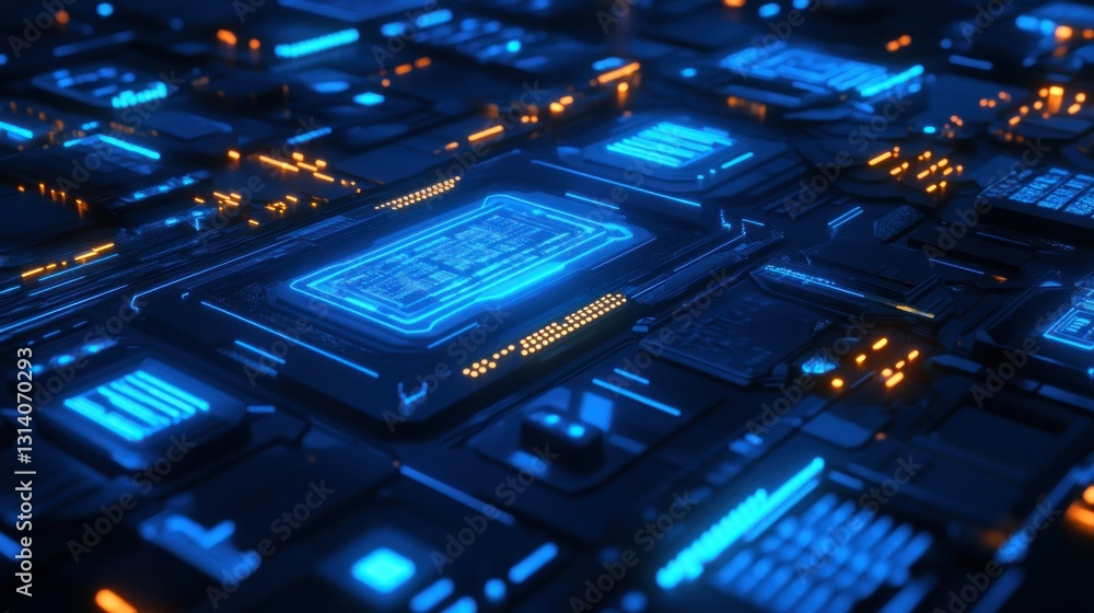 Poster a futuristic computer circuit board illuminated with colorful neon lighting