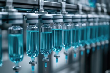 Automated Pharmaceutical Production Line, Teal Liquid Filling Vials