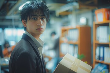 Young businessman gripping a cardboard box in a dimly lit office, representing job loss in a corporate downsizing.