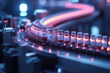 Conveyor Belt of Medicine Bottles in Factory Setting, Illuminated with Pink and Blue Lights