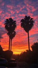 Naklejka premium Vibrant Sunset over Palm Trees with Colorful Sky in Urban Setting