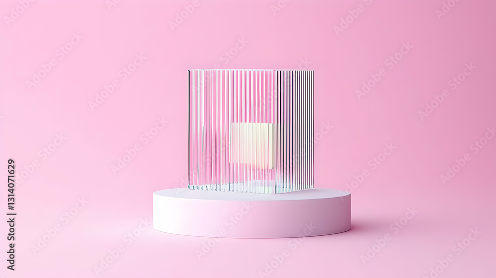 Poster a 3d rendered abstract geometric composition featuring a translucent cube on a pink podium against a