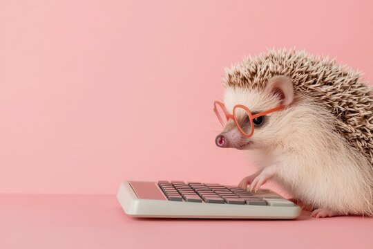 Cute Hedgehog Using Calculator with Glasses in a Minimalistic Pink Background Setting