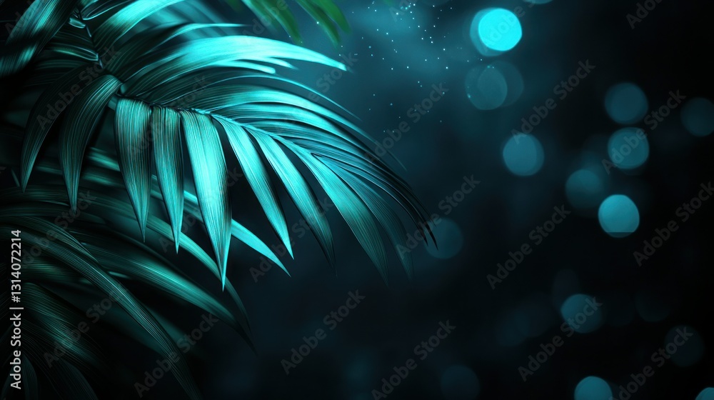 Poster teal palm fronds displayed against dark background with bokeh lights