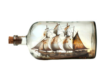 Vintage frigate ship in a bottle with carefully painted historical design isolated on transparent background