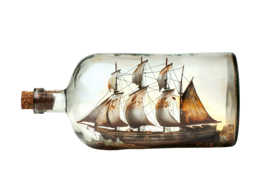 Vintage frigate ship in a bottle with carefully painted historical design isolated on transparent background