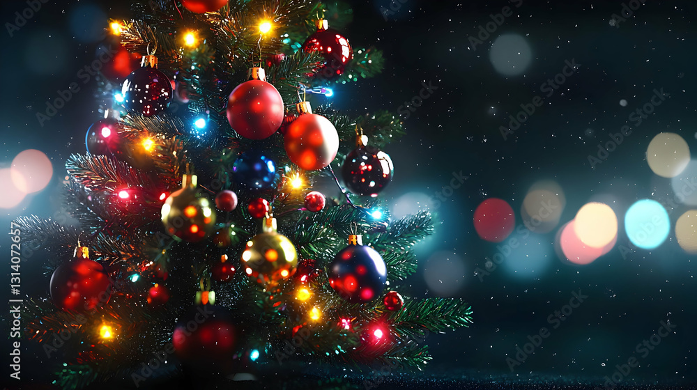 Poster Illuminated Christmas Tree With Colorful Ornaments And Sparkling Bokeh Lights In A Dark Festive Setting